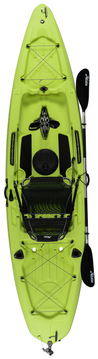 A green Hobie Mirage Passport 10.5R kayak with a paddle and paddles.