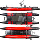 Three top-down views of the Jackson Kayak 360 Pro, a red and black motorized fishing kayak featuring dual pontoons, a central seat, and multiple mounted accessories—a professional vessel for anglers.