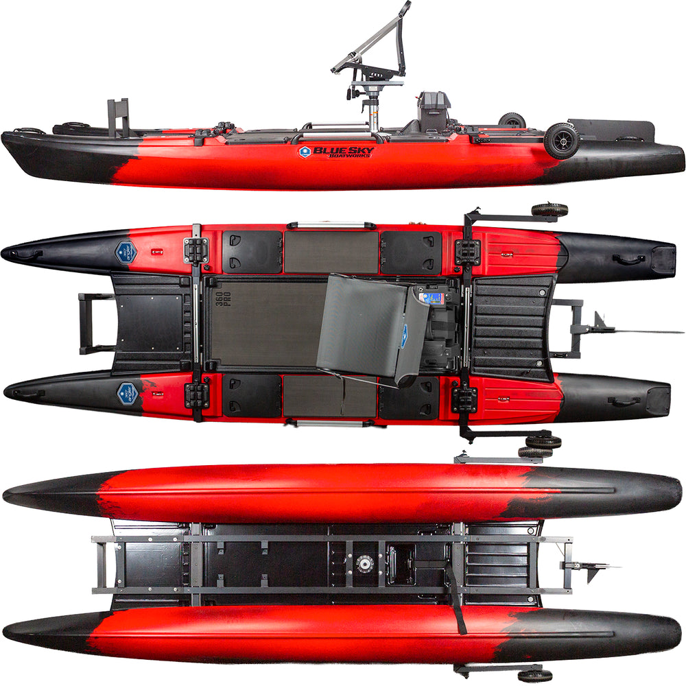 Three top-down views of the Jackson Kayak 360 Pro, a red and black motorized fishing kayak featuring dual pontoons, a central seat, and multiple mounted accessories—a professional vessel for anglers.