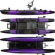 The Jackson Kayak 360 Pro, a purple and black two-pontoon fishing kayak, is shown from side, top, and bottom views. It features a swivel seat, storage compartments, and gear mounting areas for professional anglers.