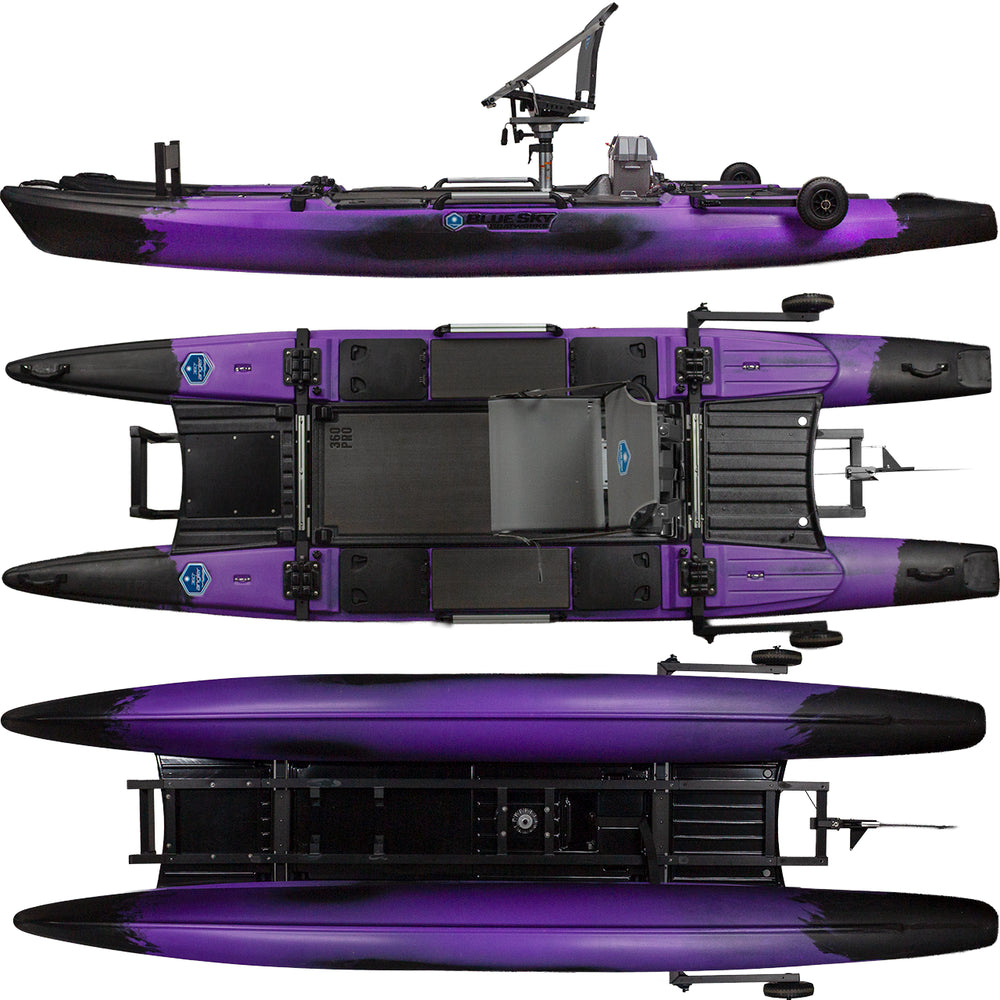 The Jackson Kayak 360 Pro, a purple and black two-pontoon fishing kayak, is shown from side, top, and bottom views. It features a swivel seat, storage compartments, and gear mounting areas for professional anglers.