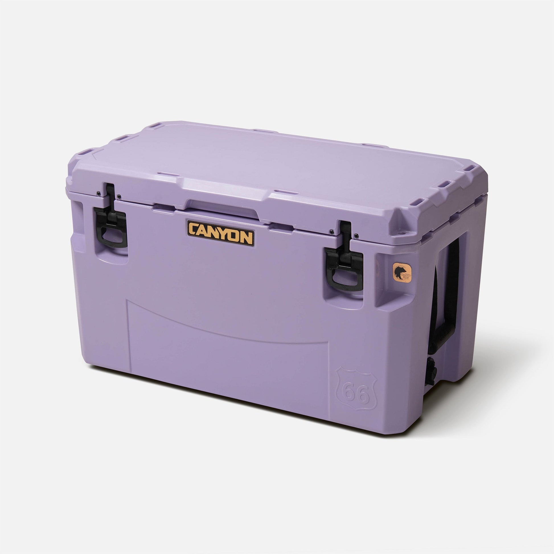 A large, rectangular light purple PRO Series roto-molded cooler by Canyon Coolers with black handles and latches, featuring the brand name on the front for maximum ice retention.