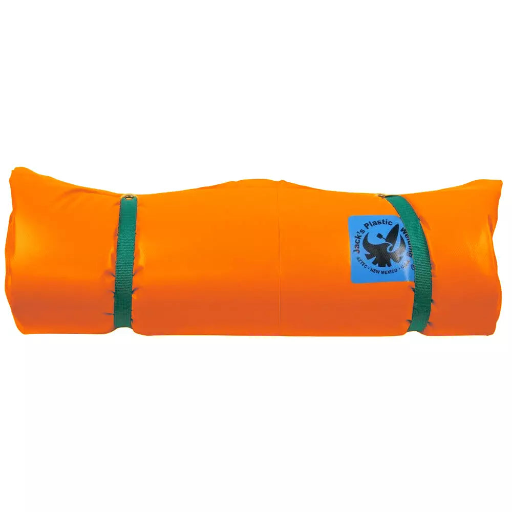 A large orange Super Paco Pad sleeping bag, made by Jacks Plastic out of waterproof PVC and featuring a self-inflating air valve, placed on a white background.