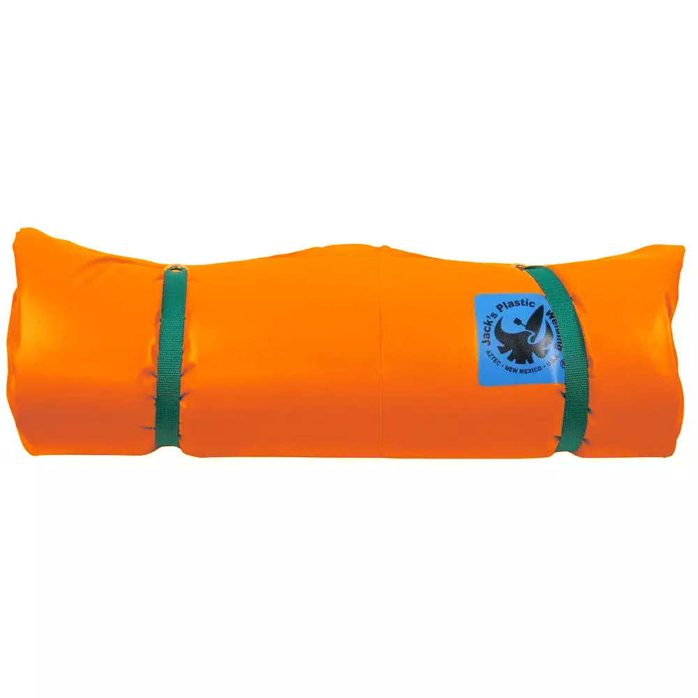 The Super Grande Paco Pad by Jacks Plastic Welding, with a vibrant orange high-density foam roll, two green straps, and a blue recycling label, offers durability and convenience for any adventure.