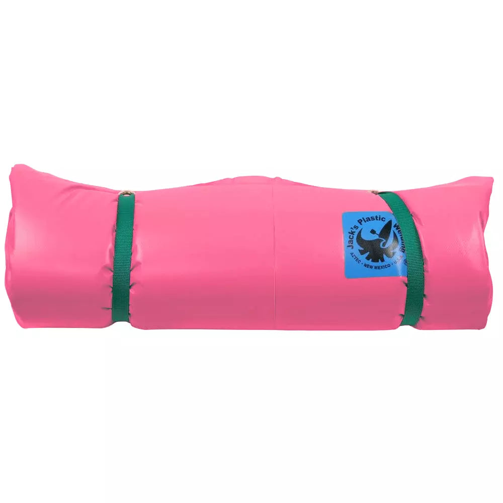The Super Paco Pad by Jacks Plastic Welding is a pink, rolled-up yoga mat crafted from waterproof PVC. It features green straps and a recycling symbol tag, ensuring durability and eco-friendliness for on-the-go use.