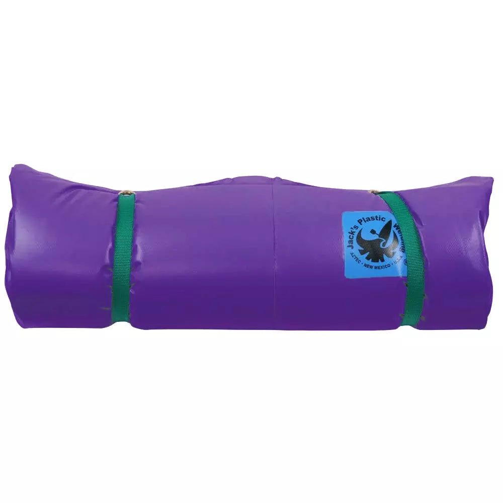 A Full Paco Pad from Jacks Plastic, a purple sleeping bag with a green strap that features a self-inflating air valve.