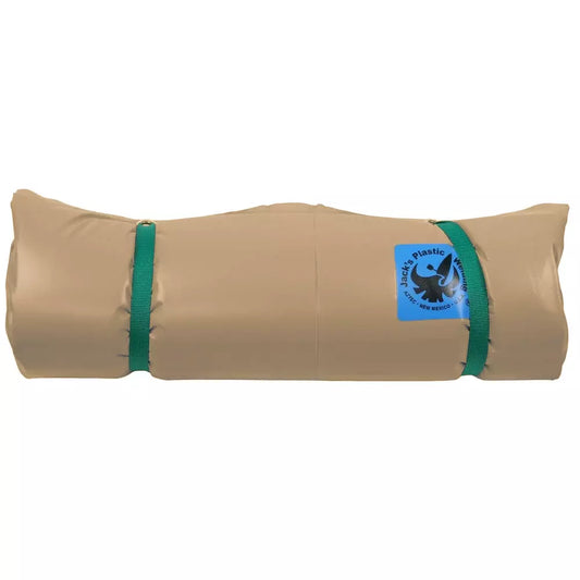 The Silverback Paco Pad by Jacks Plastic Welding is a rolled tan camping mat with green straps and a blue recycling symbol sticker, crafted from high-density foam and waterproof PVC for durability and comfort in the outdoors.