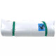 A rolled-up white Super Paco Pad from Jacks Plastic Welding features two green straps and a blue circular label with a recycling icon. Made of waterproof PVC, it includes a self-inflating air valve for easy setup.