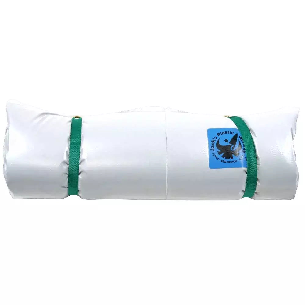 A rolled-up white Super Paco Pad from Jacks Plastic Welding features two green straps and a blue circular label with a recycling icon. Made of waterproof PVC, it includes a self-inflating air valve for easy setup.