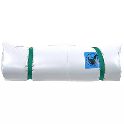 A white Silverback Paco Pad by Jacks Plastic Welding, made with high-density foam and secured with two green straps, showcases a blue label featuring a recycling symbol on its side.