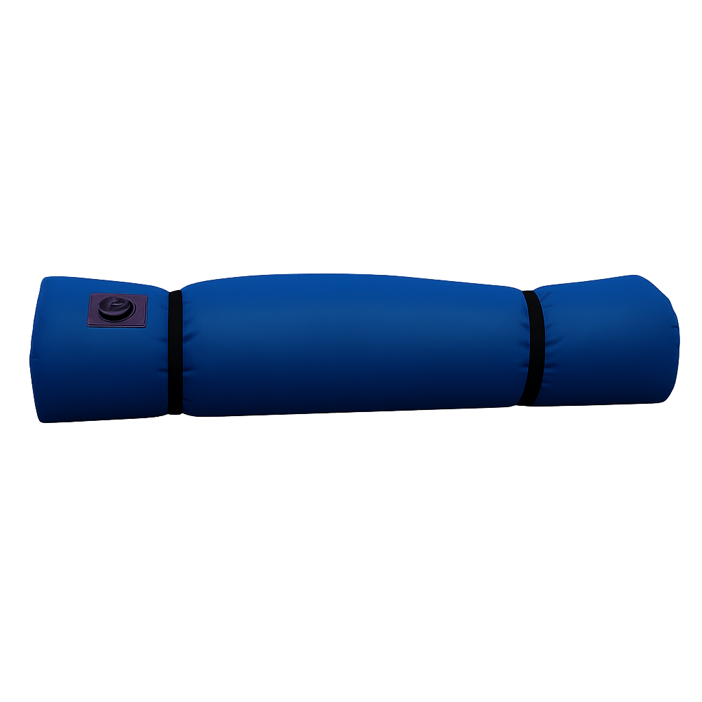 The Jacks Plastic Welding Pickup Paco Pad, a blue cylindrical inflatable cushion with a black valve, is shown against a white background—ideal as a waterproof camping pad.