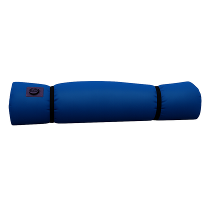 The Jacks Plastic Welding Pickup Paco Pad, a blue cylindrical inflatable cushion with a black valve, is shown against a white background—ideal as a waterproof camping pad.