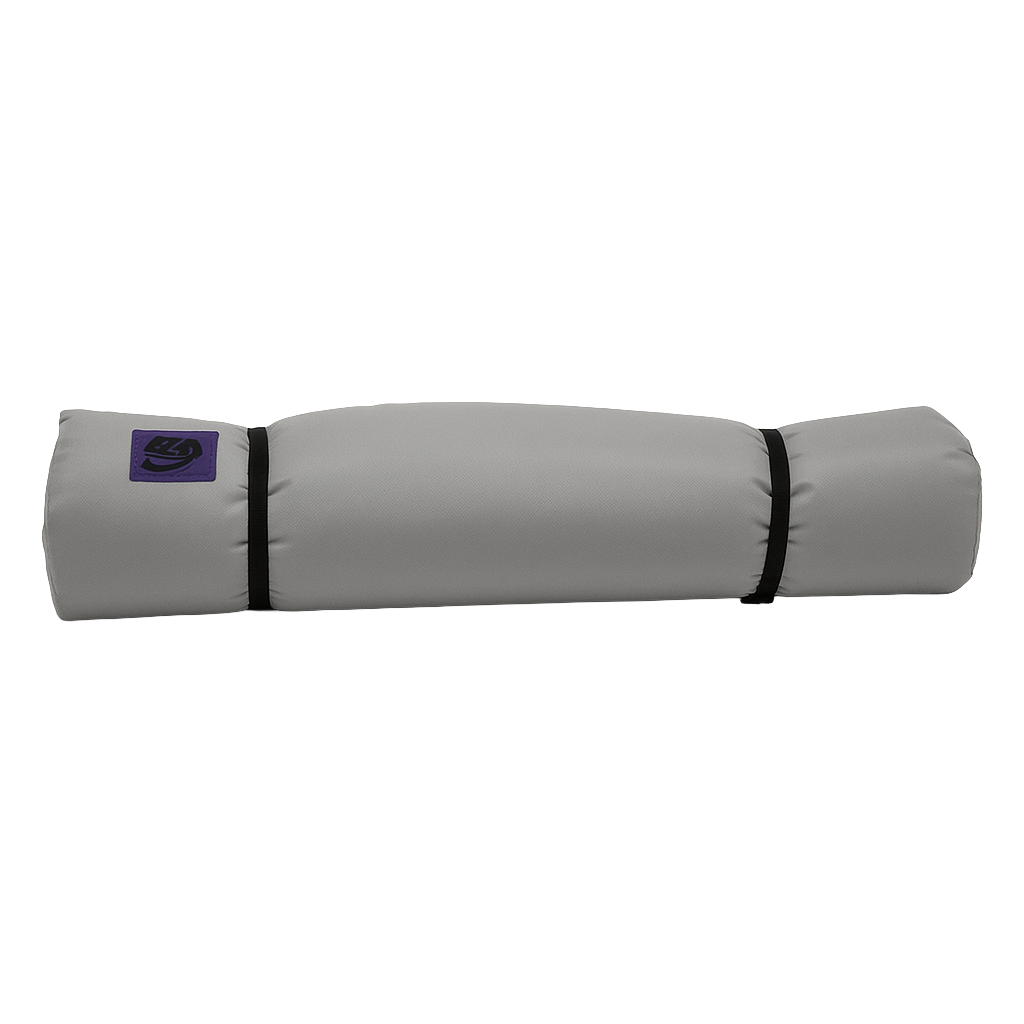 A rolled-up gray Pickup Paco Pad by Jacks Plastic Welding, secured with two black straps and featuring a small purple logo on one end.