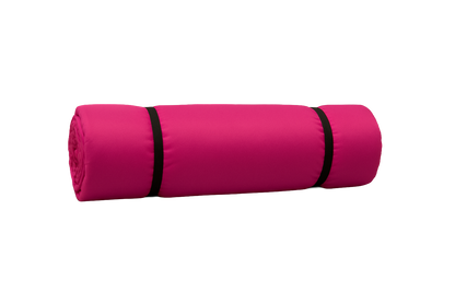 The Jacks Plastic Welding Pickup Paco Pad, a pink self-inflating sleeping pad rolled up and secured with two black straps, is displayed on a plain white background.