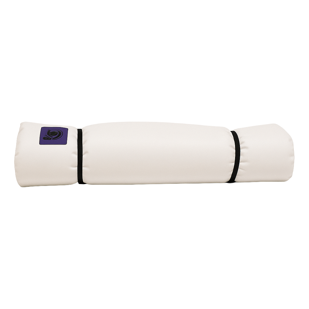 The Pickup Paco Pad by Jacks Plastic Welding is a rolled white pad, secured with two black straps and displaying a small purple and black logo on one end.