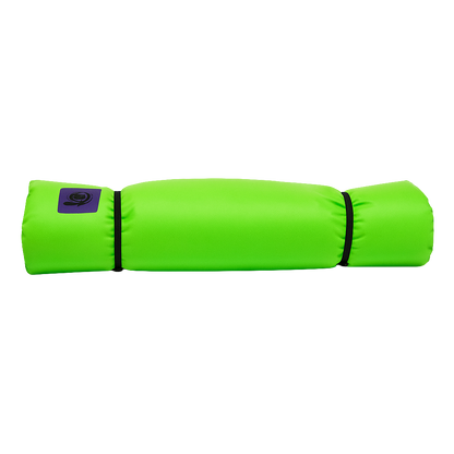 A bright green cylindrical exercise sandbag with black straps and a black logo patch, shown on a white background—perfect to pair with your Jacks Plastic Welding Pickup Paco Pad for versatile workouts or added camping comfort.