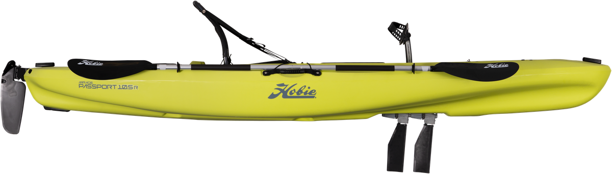 A yellow Hobie kayak with excellent stability and two Hobie paddles attached to it.