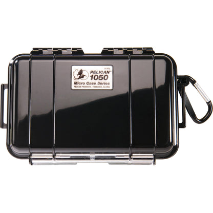 A black Pelican Micro Cases on a white background, crush-proof and water resistant.
