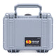 The gray 1120 Case with a handle and black label, featuring the Pelican logo and company information, is a watertight case with secure latches designed for protective storage. It includes an automatic pressure equalization valve for added protection.
