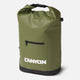 Green waterproof Coulee Backpack Cooler by Canyon Coolers, featuring a roll-top opening, cushioned comfort straps, front zippered pocket with "CANYON" printed in white, and black bottom.
