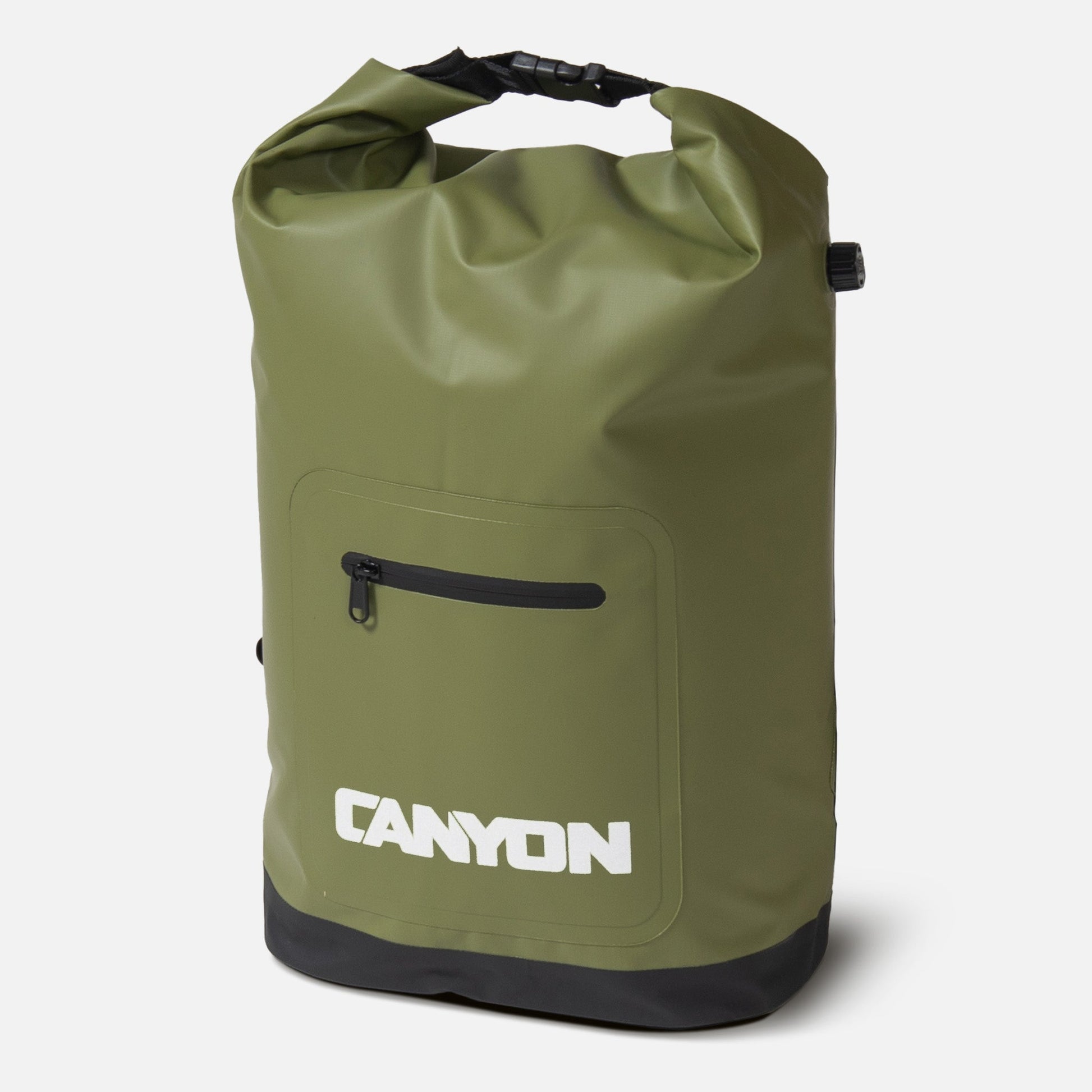Green waterproof Coulee Backpack Cooler by Canyon Coolers, featuring a roll-top opening, cushioned comfort straps, front zippered pocket with "CANYON" printed in white, and black bottom.