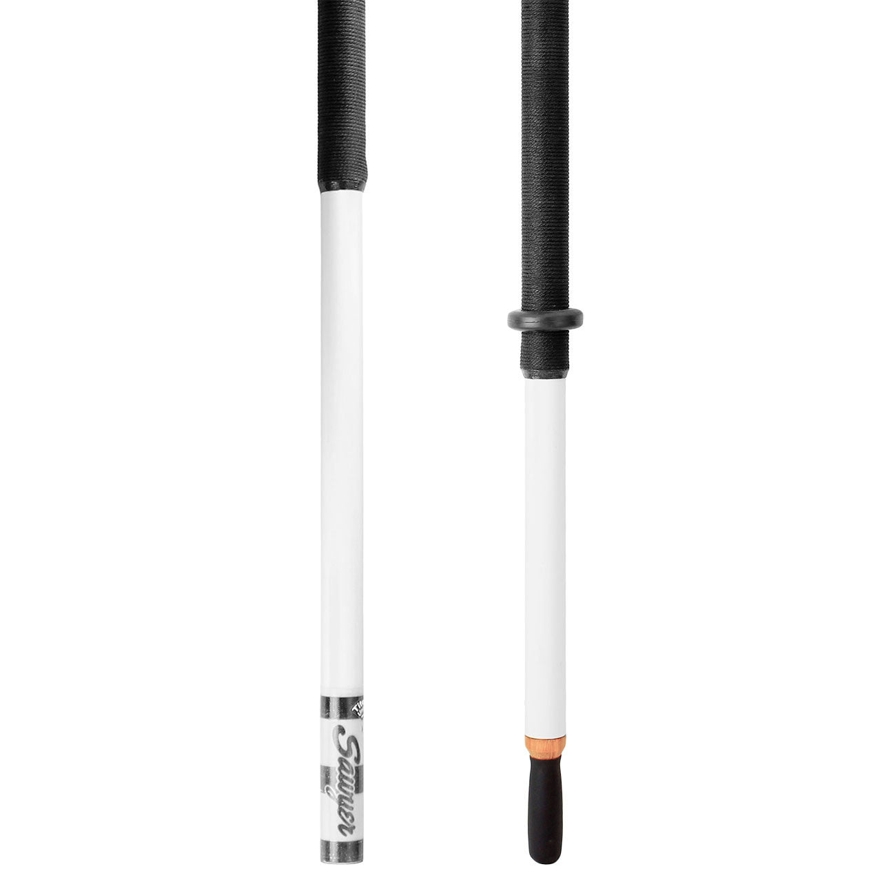 Two views of the Sawyer Polecat Oar Shaft—Counter Balanced & Rope Wrapped—shown in white and black, with a black grip, tapered handle, and small barrel end; crafted for durability like Sawyer’s trusted performance oars.