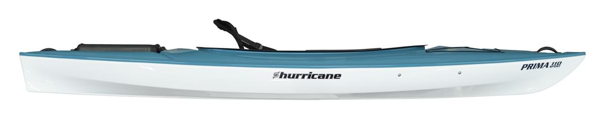 Side view of a blue and white Hurricane Kayaks Prima with comfort grip handles on a white background.