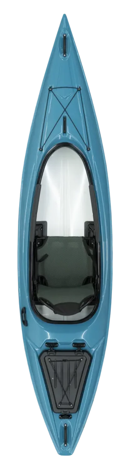 The Prima by Hurricane Kayaks is a top-view blue kayak with a single-seat cockpit, ultra-light design for easy portability, comfort grip handles, front storage area, and black bungee cords on the deck.