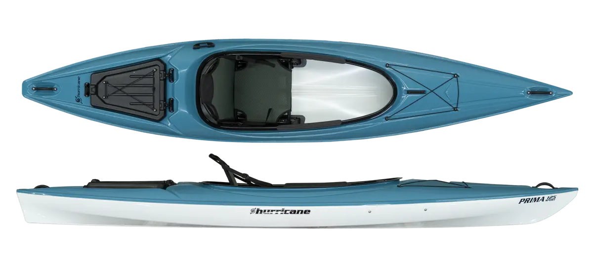 A lightweight blue Prima kayak with an adjustable seat by Hurricane.