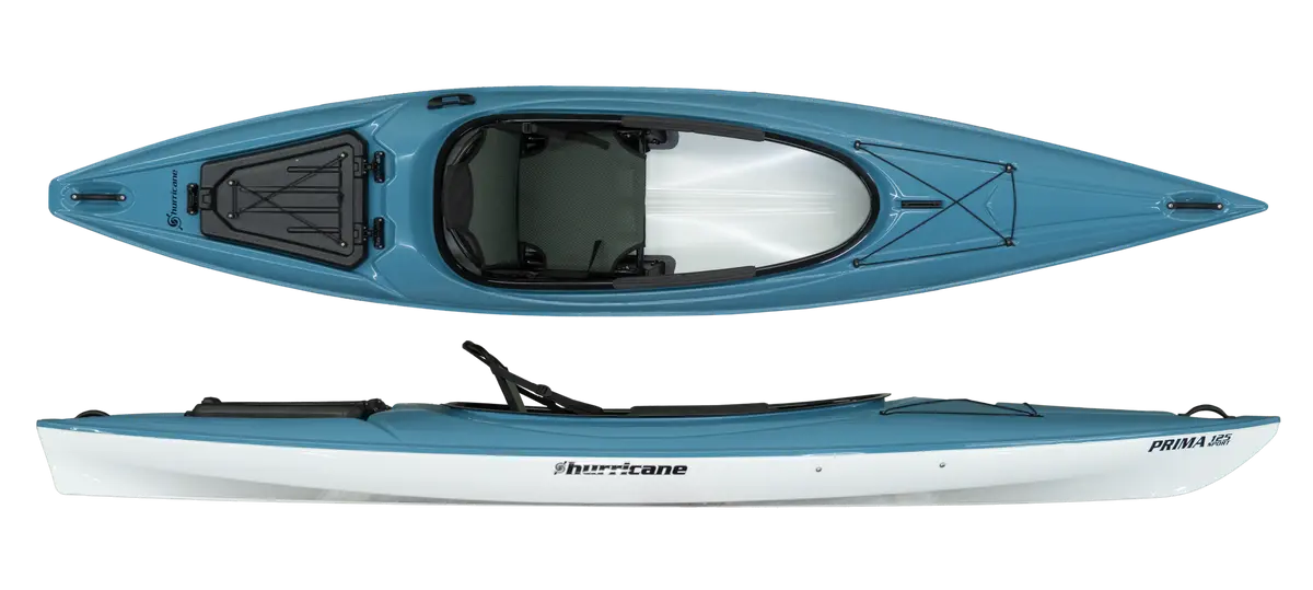 Top and side view of the Prima kayak in blue and white by Hurricane Kayaks, featuring comfort grip handles, a removable seat in the seating area, storage sections, and brand markings on the side.