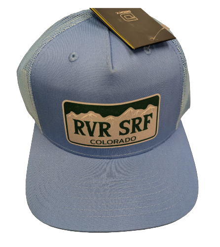 The Rvr Srf Hat by 4Corners Riversports is a light blue mesh Colorado cap with a "RVR SRF COLORADO" patch and mountain design, ideal for river surfing. A black tag tops off this stylish hat.