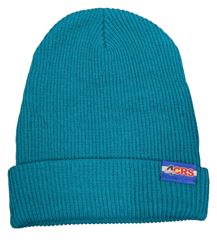 The 4CRS Super Slouch Beanie by Captuer Headwear is a teal ribbed knit with a folded brim and front ACRS logo patch, perfect for paddle shops or riverside adventures.