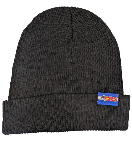 The 4CRS Super Slouch Beanie by Captuer Headwear is a dark gray ribbed knit hat with a folded cuff and a blue 4CRS logo patch—ideal for chilly days at the paddle shop.