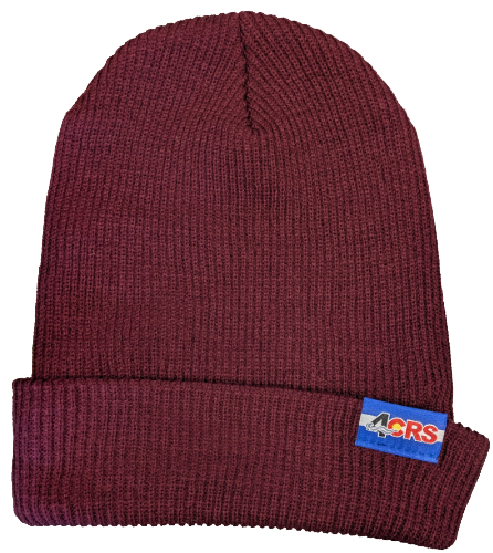 The Captuer Headwear 4CRS Super Slouch Beanie is ribbed maroon with a folded brim and a colorful "AORS" patch—perfect for river adventures and any paddle shop outing.