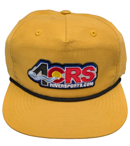 The 4CRS Pops Hat by Captuer Headwear is a vintage yellow baseball cap with a black band and bold 4CRS logo patch—perfect for showing off your river town spirit.