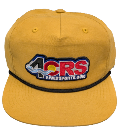 The 4CRS Pops Hat by Captuer Headwear is a vintage yellow baseball cap with a black band and bold 4CRS logo patch—perfect for showing off your river town spirit.
