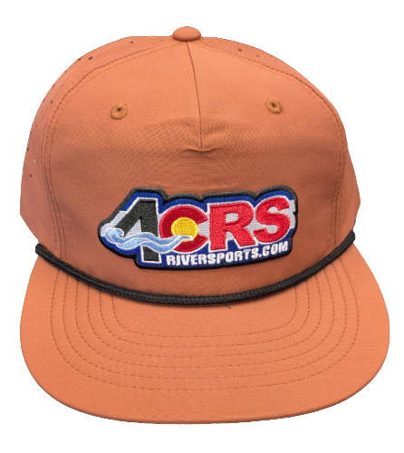 The 4CRS Pops Hat by Captuer Headwear is an orange vintage cap with black trim and a colorful 4CRS logo embroidered on the front—a perfect tribute to classic river town style.
