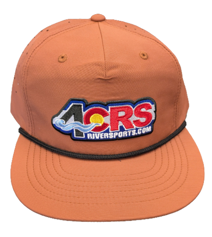 The 4CRS Pops Hat by Captuer Headwear is an orange vintage cap with black trim and a colorful 4CRS logo embroidered on the front—a perfect tribute to classic river town style.