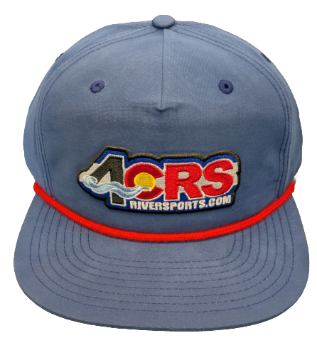 The 4CRS Pops Hat by Captuer Headwear is a light blue vintage cap with bold red trim and an embroidered "40RS RIVERSORTS.COM" 4CRS logo, featuring a wave and sun graphic that reflects your favorite river town spirit.