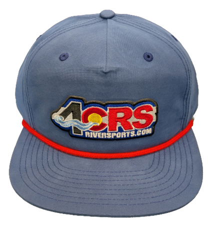 The 4CRS Pops Hat by Captuer Headwear is a light blue vintage cap with bold red trim and an embroidered "40RS RIVERSORTS.COM" 4CRS logo, featuring a wave and sun graphic that reflects your favorite river town spirit.