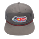 The 4CRS Pops Hat by Captuer Headwear is a gray vintage snapback featuring a 4CRS logo patch on the front and a maroon rope above the brim—ideal for any river town adventure.
