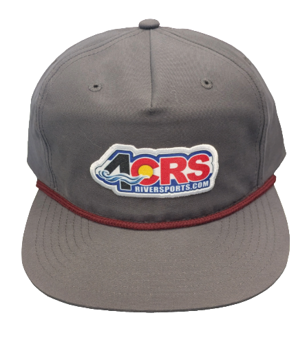 The 4CRS Pops Hat by Captuer Headwear is a gray vintage snapback featuring a 4CRS logo patch on the front and a maroon rope above the brim—ideal for any river town adventure.