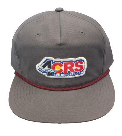 The 4CRS Pops Hat by Captuer Headwear is a gray vintage snapback featuring a 4CRS logo patch on the front and a maroon rope above the brim—ideal for any river town adventure.