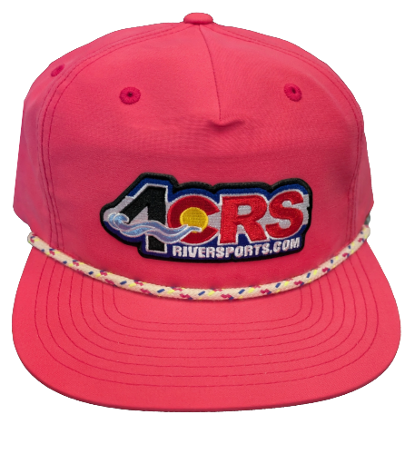 The 4CRS Pops Hat by Captuer Headwear is a bright pink vintage cap with a multicolored braided band and the iconic 4CRS logo embroidered on the front—perfect for showing your river town pride.