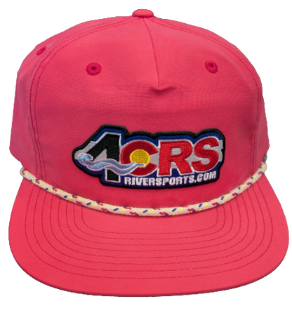 The 4CRS Pops Hat by Captuer Headwear is a bright pink vintage cap with a multicolored braided band and the iconic 4CRS logo embroidered on the front—perfect for showing your river town pride.