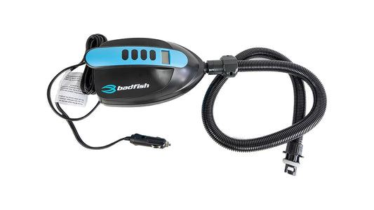 The Badfish Electric SUP Pump, in black and blue, includes a hose and 12V car cigarette lighter adapter, inflating up to 16 psi.