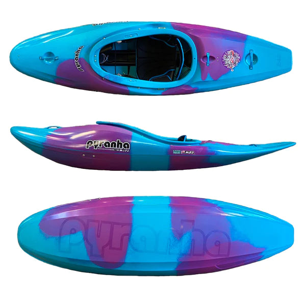 A pair of blue and purple Pyranha Firecracker kayaks, perfect for paddling. These Pyranha Firecracker kayaks are built for adventurous watersports enthusiasts.
