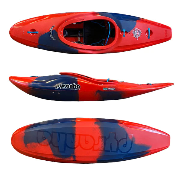 The Pyranha Firecracker kayak with a red and blue design is perfect for paddling.