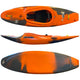 The Pyranha Loki kayak, in orange and black, features a seat for vertical moves and downriver play. It is adorned with decorative graphics and is shown from top, side, and bottom angles.