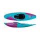 Two views of the Pyranha Firecracker kayak in blue and purple: a top view highlights the Elite Outfitting System in the cockpit, and a side view shows its profile and Pyranha branding.